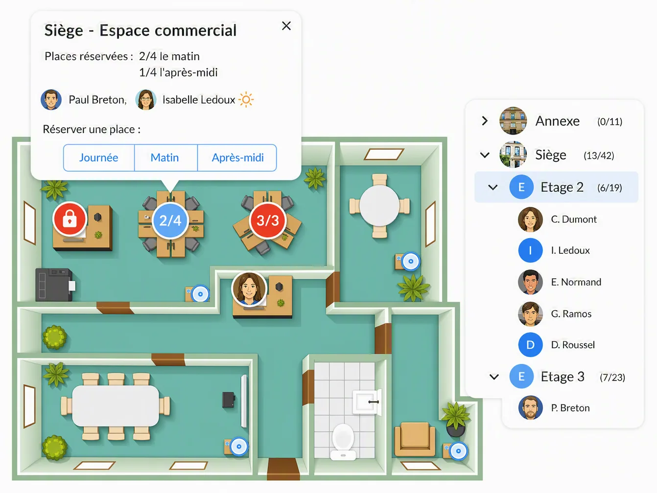 Plan 2D interactif BeeMyFlex avec réservation de poste et compteurs d'occupation par zone