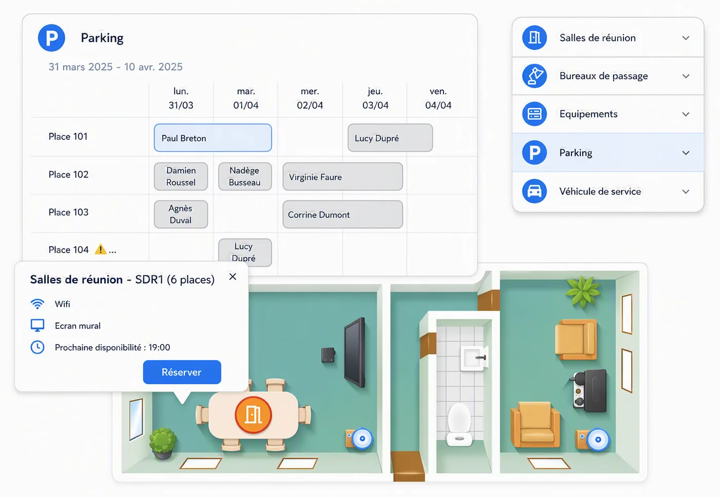 Booking parking spaces, meeting rooms and equipment in BeeMyFlex