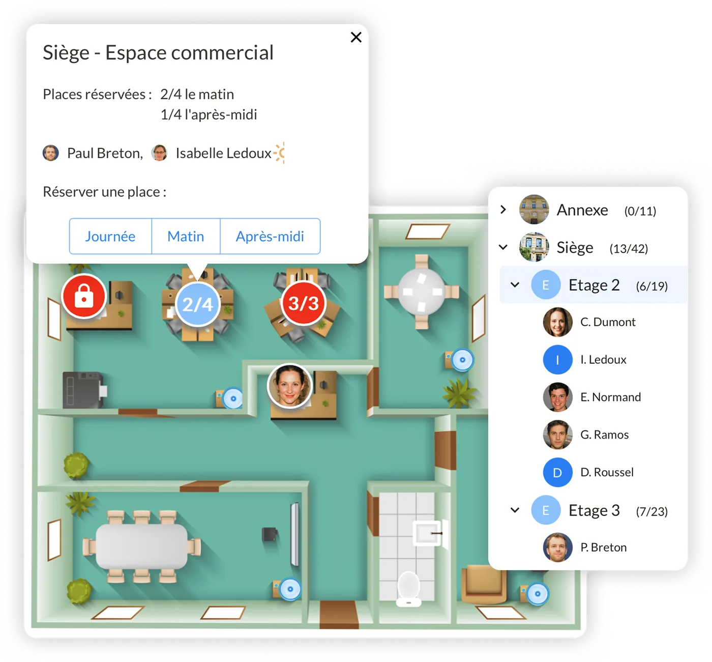 Plan interactif d'un étage de bureaux dans BeeMyFlex avec compteurs d'occupation par zone