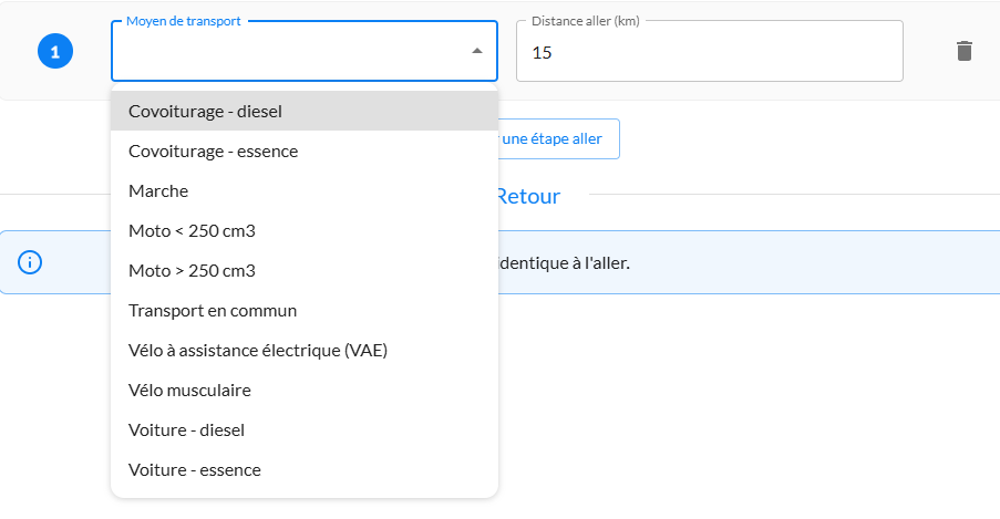 Sélection des modes de transport dans BeeMyFlex : covoiturage, marche, moto, transport en commun, vélo, voiture