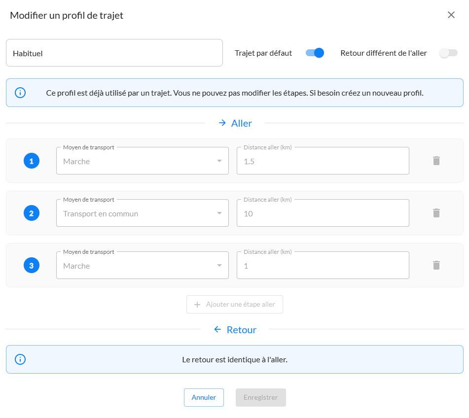 Modifier un profil de trajet multimodal dans BeeMyFlex : marche, Transport en commun, distances et CO₂