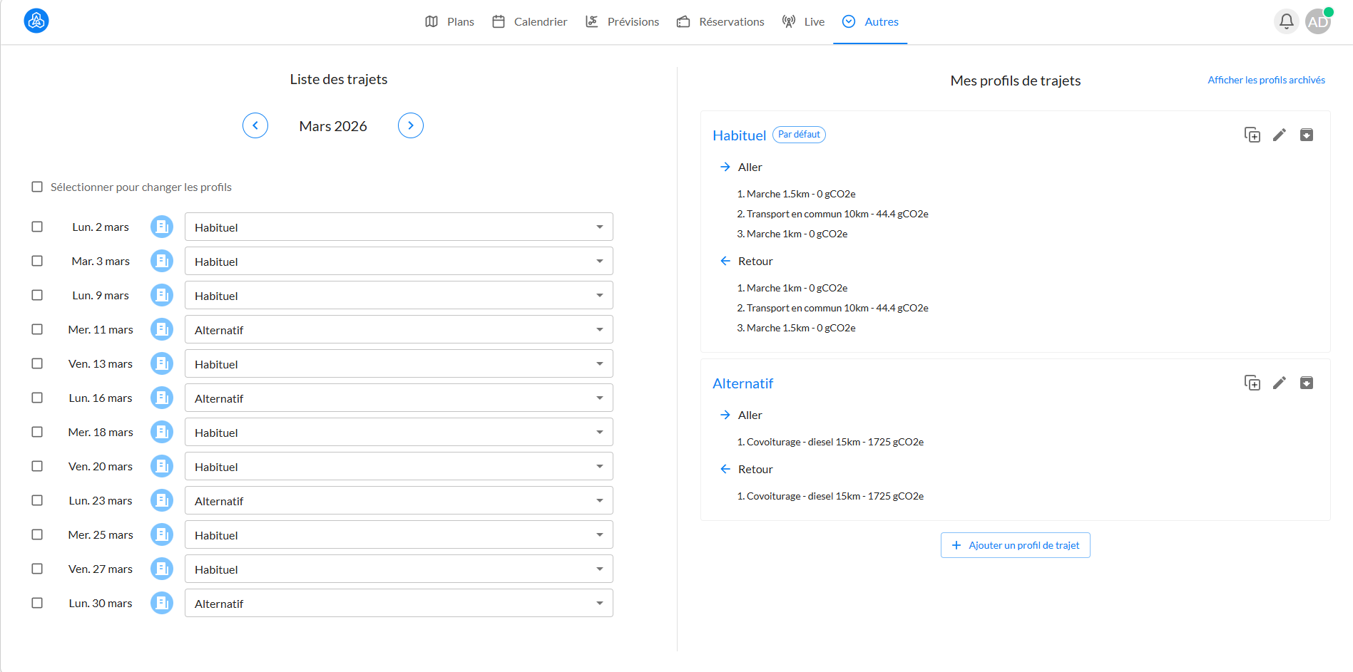 Interface BeeMyFlex : liste des trajets domicile-travail et profils de trajet multimodal